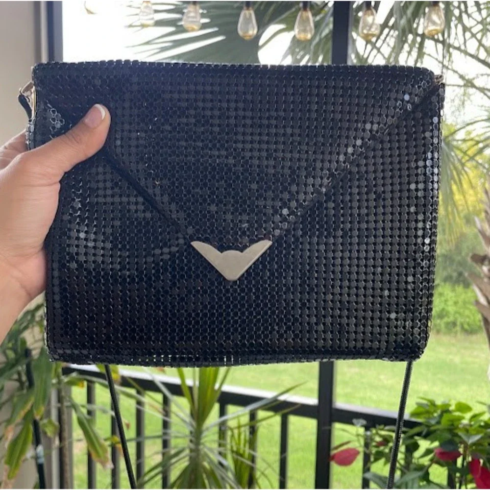 Vtg 1980s Black Metal Mesh Evening Bag Crossbody Envelope Clutch Purse